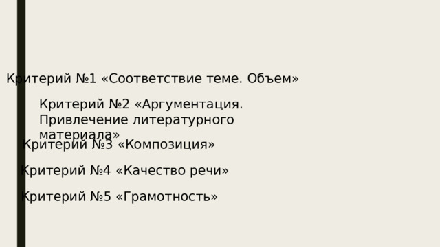 Критерий №1 «Соответствие теме. Объем» Критерий №2 «Аргументация. Привлечение литературного материала» Критерий №3 «Композиция» Критерий №4 «Качество речи» Критерий №5 «Грамотность» 