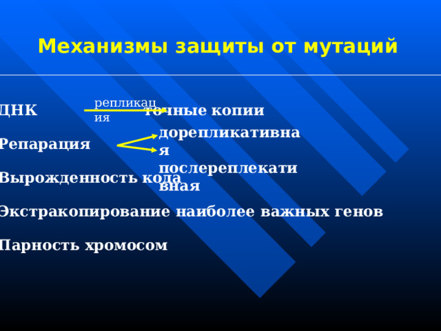 Механизмы защиты от мутаций репликация ДНК  точные  копии Репарация  Вырожденность  кода Экстракопирование наиболее важных генов Парность хромосом дорепликативная послереплекативная 