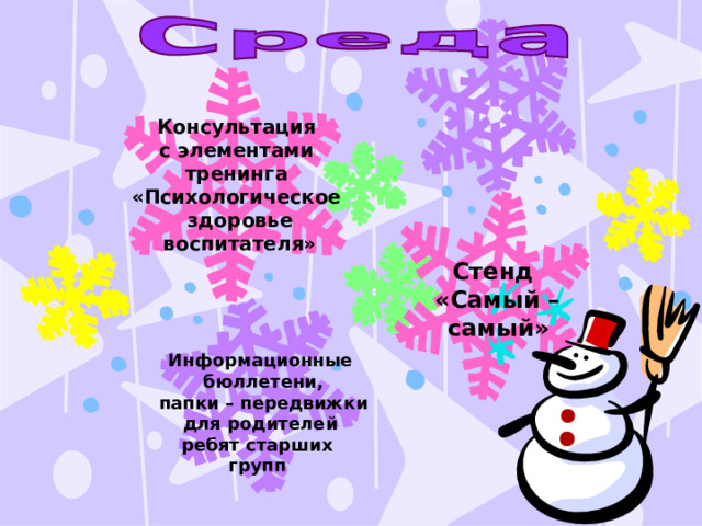 Консультация с элементами тренинга «Психологическое здоровье  воспитателя» Стенд «Самый –  самый»  Информационные  бюллетени,  папки – передвижки  для родителей ребят старших групп 
