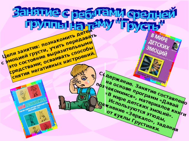 Цели занятия: познакомить детей  с эмоцией грусти, учить передавать это состояние выразительными средствами; осваивать способы снятия негативных настроений. Содержание. Занятие составлено на основе программ «Давай  познакомимся», материалов книги  «В мире детских эмоций».  Используются этюды,  упражнение «Зеркало», задания  от куклы Грустинки. 