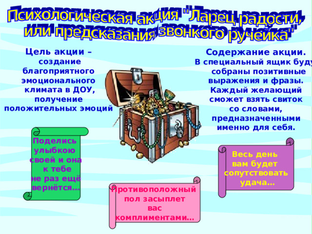 Цель акции –  создание  благоприятного эмоционального  климата в ДОУ,  получение положительных эмоций Содержание акции.  В специальный ящик будут  собраны позитивные выражения и фразы. Каждый желающий сможет взять свиток со словами, предназначенными именно для себя. Поделись улыбкою своей и она  к тебе не раз ещё вернётся… Весь день вам будет сопутствовать  удача… Противоположный пол засыплет  вас комплиментами… 