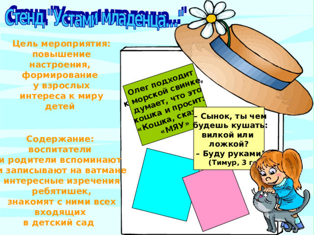 Олег подходит к морской свинке,  думает, что это  кошка и просит: «Кошка, скажи «МЯУ» Цель мероприятия:  повышение настроения, формирование у взрослых  интереса к миру детей  – Сынок, ты чем  будешь кушать: вилкой или ложкой? – Буду руками!  (Тимур, 3 года) Содержание:  воспитатели и родители вспоминают  и записывают на ватмане  интересные изречения  ребятишек,  знакомят с ними всех  входящих в детский сад 
