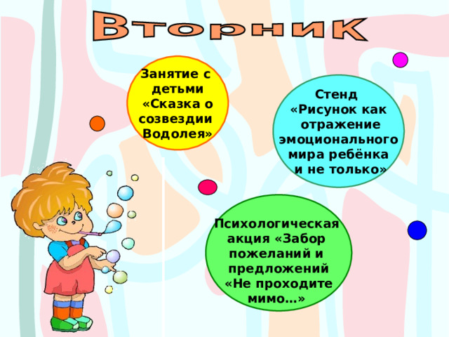 Занятие с детьми  «Сказка о созвездии Водолея» Стенд «Рисунок как  отражение  эмоционального мира ребёнка  и не только» Психологическая акция «Забор пожеланий и предложений  «Не проходите мимо…» 