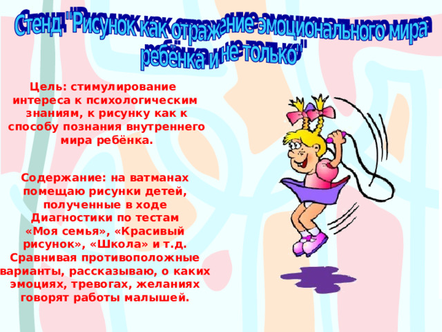 Цель: стимулирование интереса к психологическим  знаниям, к рисунку как к  способу познания внутреннего  мира ребёнка. Содержание: на ватманах помещаю рисунки детей,  полученные в ходе Диагностики по тестам  «Моя семья», «Красивый рисунок», «Школа» и т.д.  Сравнивая противоположные варианты, рассказываю, о каких  эмоциях, тревогах, желаниях говорят работы малышей. 