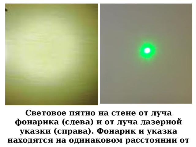 Световое пятно на стене от луча фонарика (слева) и от луча лазерной указки (справа). Фонарик и указка находятся на одинаковом расстоянии от стены. 