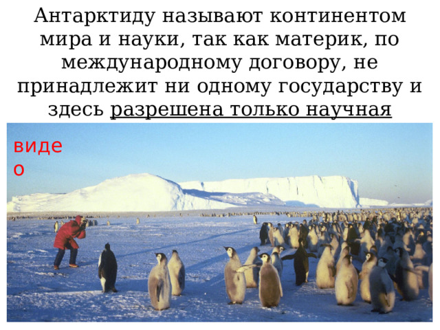 Антарктиду называют континентом мира и науки, так как материк, по международному договору, не принадлежит ни одному государству и здесь разрешена только научная деятельность . видео 