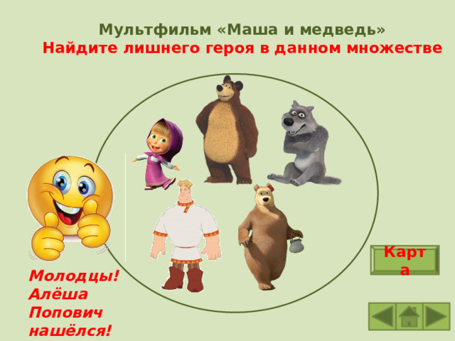 Мультфильм «Маша и медведь»  Найдите лишнего героя в данном множестве Карта Молодцы! Алёша Попович нашёлся! 
