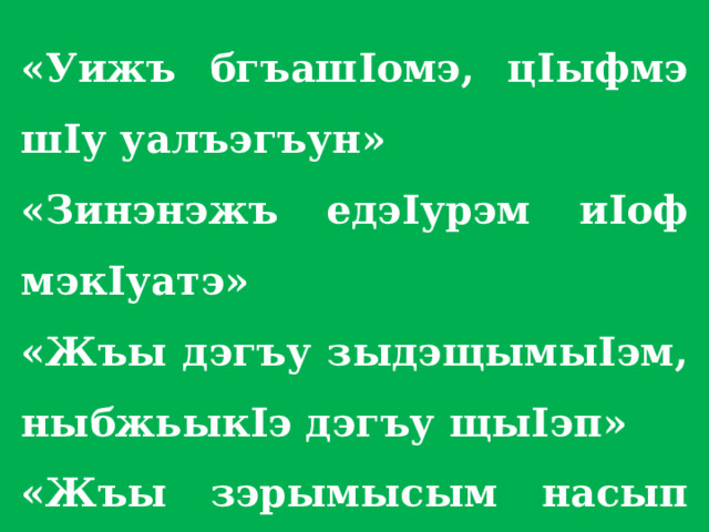 «Уижъ бгъаш I омэ, ц I ыфмэ ш I у уалъэгъун» «Зинэнэжъ едэ I урэм и I оф мэк I уатэ» «Жъы дэгъу зыдэщымы I эм, ныбжьык I э дэгъу щы I эп» «Жъы зэрымысым насып илъэп»  «Жъы зыщалъытэрэм к I эр щыш I у» 