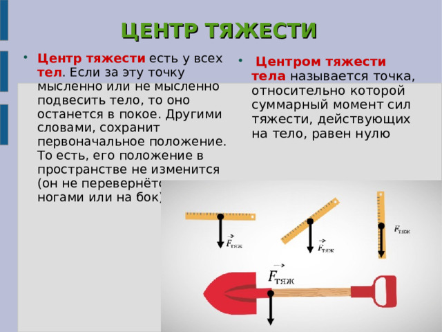 Центр тяжести тела. Центр тяжести условия равновесия тел.