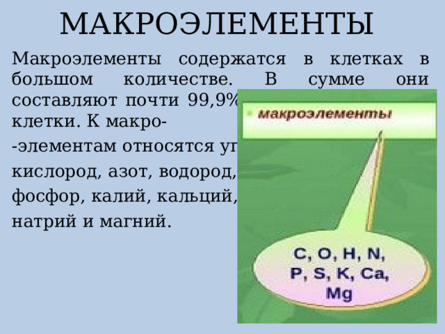 МАКРОЭЛЕМЕНТЫ Макроэлементы содержатся в клетках в большом количестве. В сумме они составляют почти 99,9% всего содержимого клетки. К макро- -элементам относятся углерод, кислород, азот, водород, сера, фосфор, калий, кальций, хлор, натрий и магний. 