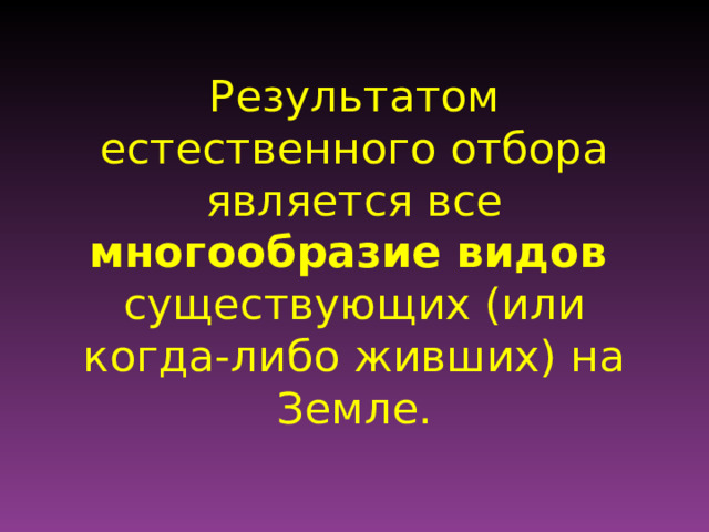 Результатом естественного отбора является все многообразие видов существующих (или когда-либо живших) на Земле. 