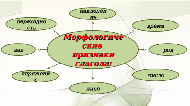 наклонение переходность время Морфологические  признаки глагола: вид род число спряжение лицо 7 