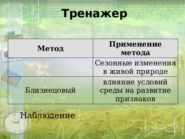 Тренажер Метод Применение метода Сезонные изменения в живой природе Близнецовый влияние условий среды на развитие признаков Наблюдение  