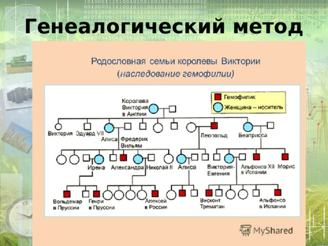 В медицинской генетике широко используется генеалогический метод используя предложенную схему