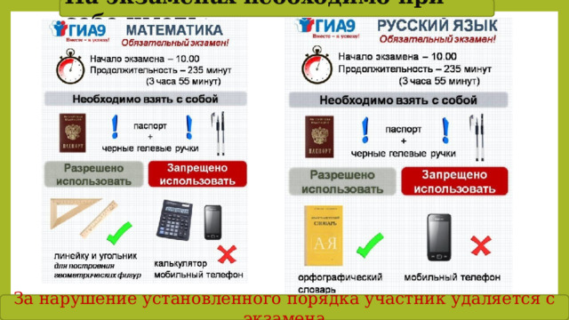 На экзаменах необходимо при себе иметь: За нарушение установленного порядка участник удаляется с экзамена 