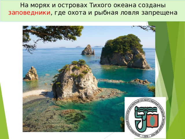 На морях и островах Тихого океана созданы заповедники , где охота и рыбная ловля запрещена 