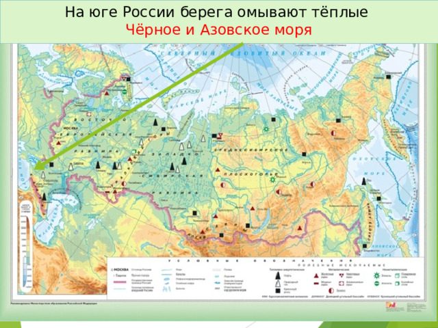 На юге России берега омывают тёплые  Чёрное и Азовское моря 
