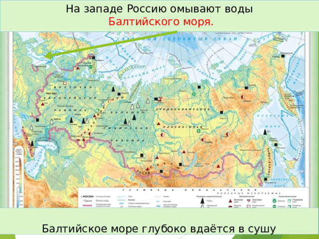 На западе Россию омывают воды   Балтийского моря. Балтийское море глубоко вдаётся в сушу 