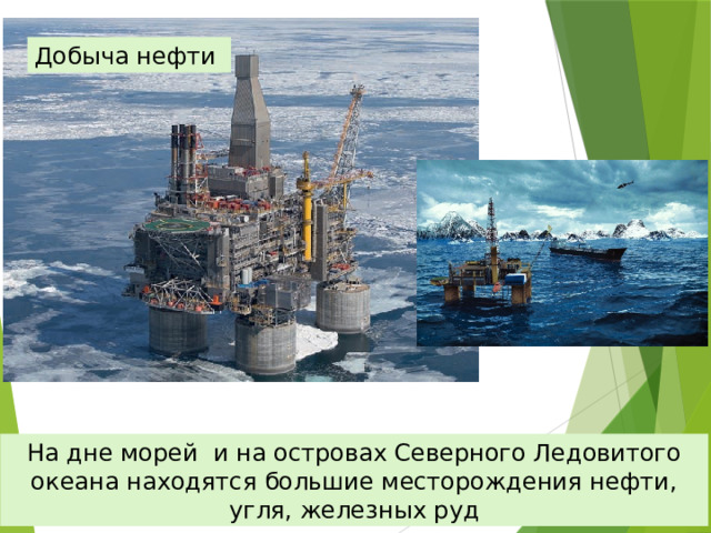 Добыча нефти На дне морей и на островах Северного Ледовитого океана находятся большие месторождения нефти, угля, железных руд 
