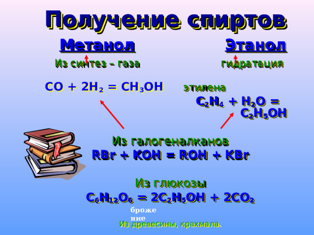 Получение спиртов  Метанол   Этанол   Из синтез – газа  гидратация  СО + 2Н 2 = СН 3 ОН    этилена  С 2 Н 4 + Н 2 О = С 2 Н 5 ОН  Из галогеналканов RBr + KOH = ROH + KBr  Из глюкозы C 6 H 12 O 6 = 2 С 2 Н 5 ОН + 2CO 2 Из древесины, крахмала . брожение 