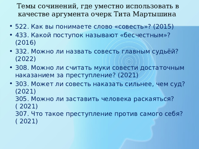 Темы сочинений, где уместно использовать в качестве аргумента очерк Тита Мартышина 522. Как вы понимаете слово «совесть»? (2015) 433. Какой поступок называют «бесчестным»?(2016) 332. Можно ли назвать совесть главным судьёй?(2022) 308. Можно ли считать муки совести достаточным наказанием за преступление? (2021) 303. Может ли совесть наказать сильнее, чем суд? (2021)  305. Можно ли заставить человека раскаяться? ( 2021)  307. Что такое преступление против самого себя? ( 2021) 