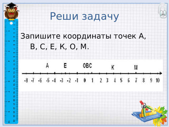 Реши задачу Запишите координаты точек А,  В, С, Е, К, О, М. 