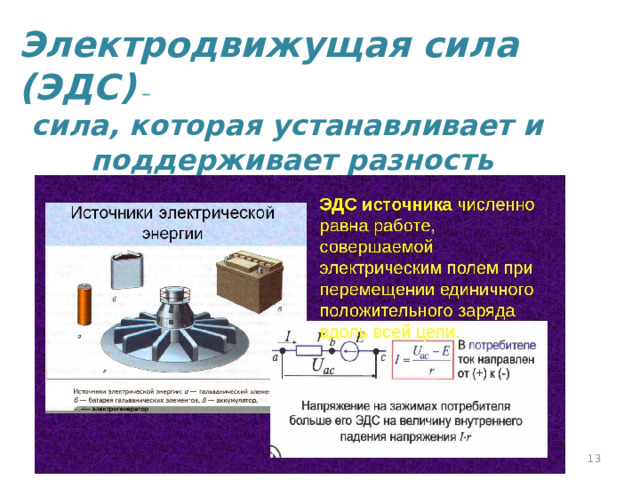 Электродвижущая сила (ЭДС) – сила, которая устанавливает и поддерживает разность потенциалов в проводнике.  