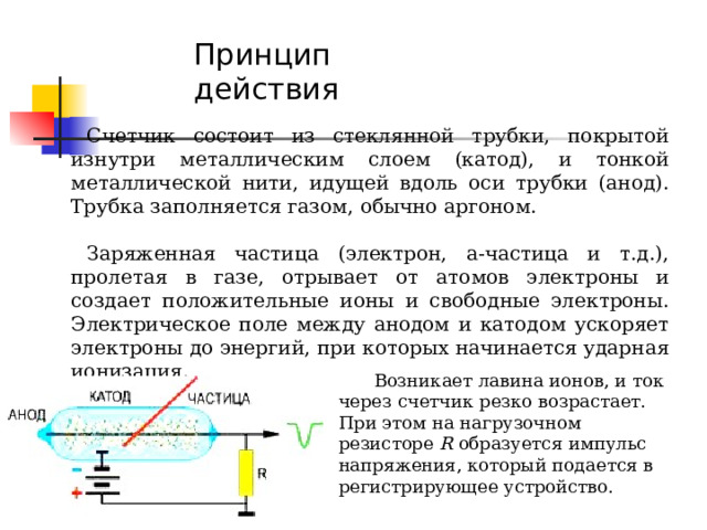 Принцип действия Счетчик состоит из стеклянной трубки, покрытой изнутри металлическим слоем (катод), и тонкой металлической нити, идущей вдоль оси трубки (анод). Трубка заполняется газом, обычно аргоном. Заряженная частица (электрон, а-частица и т.д.), пролетая в газе, отрывает от атомов электроны и создает положительные ионы и свободные электроны. Электрическое поле между анодом и катодом ускоряет электроны до энергий, при которых начинается ударная ионизация.  Возникает лавина ионов, и ток через счетчик резко возрастает. При этом на нагрузочном резисторе R образуется импульс напряжения, который подается в регистрирующее устройство. 