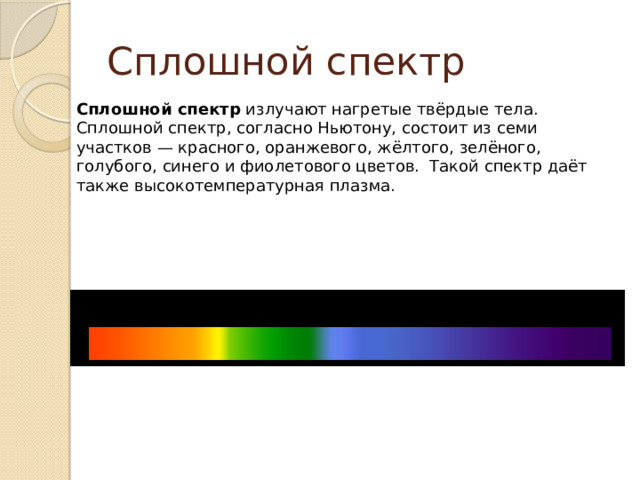 Сплошной спектр Сплошной спектр  излучают нагретые твёрдые тела. Сплошной спектр, согласно Ньютону, состоит из семи участков — красного, оранжевого, жёлтого, зелёного, голубого, синего и фиолетового цветов. Такой спектр даёт также высокотемпературная плазма. 