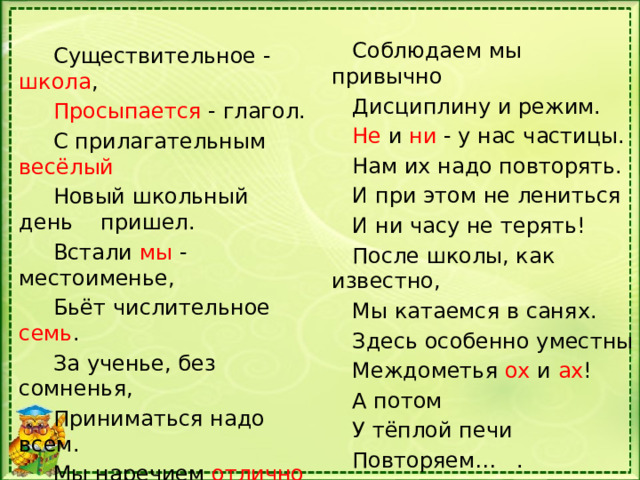  Соблюдаем мы привычно  Дисциплину и режим.  Не и ни - у нас частицы.  Нам их надо повторять.  И при этом не лениться  И ни часу не терять!  После школы, как известно,  Мы катаемся в санях.  Здесь особенно уместны  Междометья ох и ах !  А потом  У тёплой печи  Повторяем… .  Существительное - школа ,  Просыпается - глагол.  С прилагательным весёлый  Новый школьный день пришел.  Встали мы - местоименье,  Бьёт числительное семь .  За ученье, без сомненья,  Приниматься надо всем.  Мы наречием отлично  На уроках дорожим. 