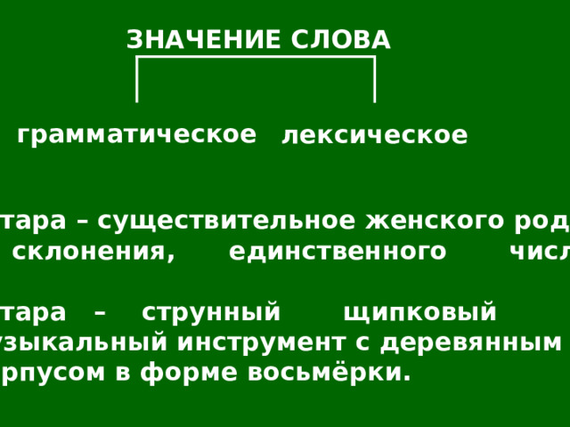 ЗНАЧЕНИЕ СЛОВА грамматическое лексическое Гитара – существительное женского рода, III склонения, единственного числа.  Гитара – струнный щипковый музыкальный инструмент с деревянным корпусом в форме восьмёрки. 