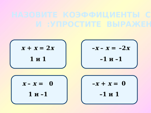 НАЗОВИТЕ КОЭФФИЦИЕНТЫ СЛАГАЕМЫХ И :УПРОСТИТЕ ВЫРАЖЕНИЕ – х – х = х + х = 2 х – 2 х 1 и 1 – 1 и –1 0 0 – х + х = х – х = 1 и –1 – 1 и 1 