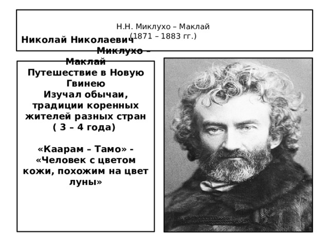  Н.Н. Миклухо – Маклай  (1871 – 1883 гг.)     Николай Николаевич Миклухо – Маклай Путешествие в Новую Гвинею Изучал обычаи, традиции коренных жителей разных стран ( 3 – 4 года)  «Каарам – Тамо» - «Человек с цветом кожи, похожим на цвет луны» 