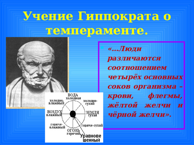 Учение Гиппократа о темпераменте. «…Люди различаются соотношением четырёх основных соков организма – крови, флегмы, жёлтой желчи и чёрной желчи».  