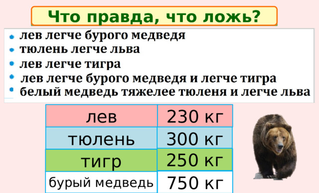 Что правда, что ложь? Дополни условие по таблице и реши задачу: 230 кг лев 300 кг тюлень 250 кг ? кг белый медведь 990 кг тигр ? кг бурый медведь 750 кг 