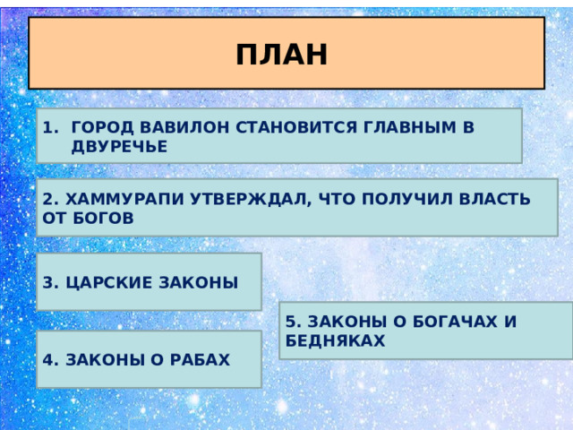 ПЛАН ГОРОД ВАВИЛОН СТАНОВИТСЯ ГЛАВНЫМ В ДВУРЕЧЬЕ 2. ХАММУРАПИ УТВЕРЖДАЛ, ЧТО ПОЛУЧИЛ ВЛАСТЬ ОТ БОГОВ 3. ЦАРСКИЕ ЗАКОНЫ 5. ЗАКОНЫ О БОГАЧАХ И БЕДНЯКАХ 4. ЗАКОНЫ О РАБАХ 