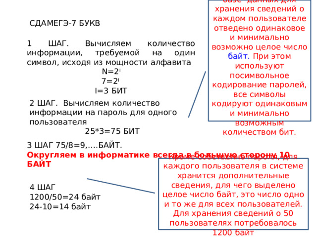 Важно учитывать: в базе данных для хранения сведений о каждом пользователе отведено одинаковое и минимально возможно целое число байт. При этом используют посимвольное кодирование паролей, все символы кодируют одинаковым и минимально возможным количеством бит. СДАМЕГЭ-7 БУКВ 1 ШАГ. Вычисляем количество информации, требуемой на один символ, исходя из мощности алфавита  N=2 I   7=2 I  I=3 БИТ 2 ШАГ. Вычисляем количество информации на пароль для одного пользователя 25*3=75 БИТ 3 ШАГ 75/8=9,….БАЙТ. Округляем в информатике всегда в большую сторону 10 БАЙТ Кроме собственно пароля, для каждого пользователя в системе хранится дополнительные сведения, для чего выделено целое число байт, это число одно и то же для всех пользователей. Для хранения сведений о 50 пользователях потребовалось 1200 байт 4 ШАГ 1200/50=24 байт 24-10=14 байт 