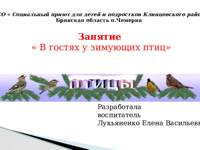 ГБУСО « Социальный приют для детей и подростков Клинцовского района»  Брянская область п.Чемерна Занятие « В гостях у зимующих птиц»    Разработала воспитатель Лукьяненко Елена Васильевна 