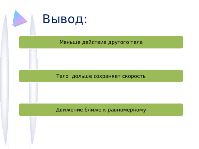 Вывод: Меньше действие другого тела Тело дольше сохраняет скорость Движение ближе к равномерному 