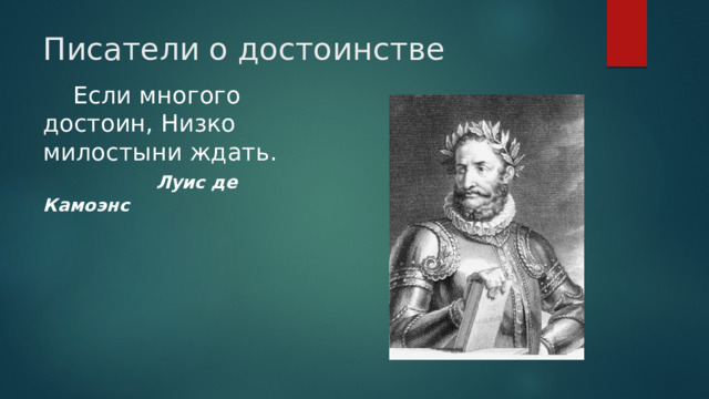 Писатели о достоинстве  Если многого достоин, Низко милостыни ждать.   Луис де Камоэнс  