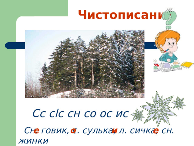 Чистописание  Сс с l с сн со ос ис  Сн. говик, с. сулька, л. сичка, сн. жинки е о и е 