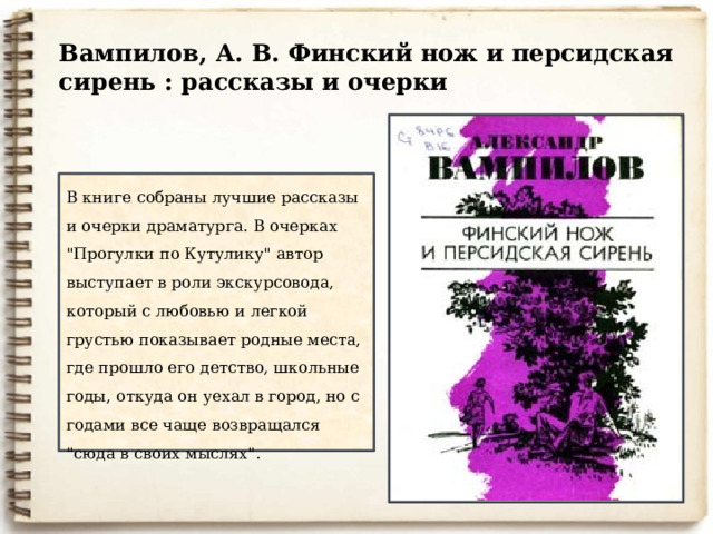 Вампилов, А. В. Финский нож и персидская сирень : рассказы и очерки  В книге собраны лучшие рассказы и очерки драматурга. В очерках 