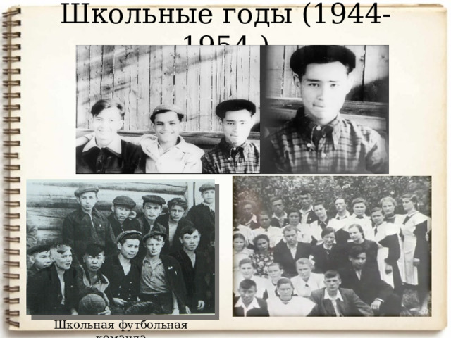 Школьные годы (1944-1954 ) Школьные годы. Как многие его сверстники, он играл в футбол во дворе, учился играть на гитаре, которая досталась ему от прадеда, (у него был прекрасный слух, и он самостоятельно выучился игре на мандолине, домре, потом на гитаре). Играл в школьном оркестре, в университете - в ансамбле народных инструментов. участвовал в спектаклях школьного театра. Любовь к театру и литературе Александру привила ему бабушка Александра Африкановна, воспитанница Иркутского епархиального училища. Саша не только сам наслаждался художественным словом, он хотел приобщить к творчеству каждого. То он «подстрекал» друзей совместно сочинить какой-нибудь опус, то начинал репетировать любимый водевиль, то звал изобразить в натуре известную картину художника, чтобы запечатлеть её на фотографии. У А. Вампилова было необыкновенно развито чувство товарищества. Он не жалел для друзей ничего: ни душевных сил, ни времени, ни средств. «Сам погибай, а товарища выручай» Школьная футбольная команда 8 
