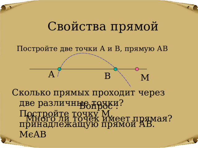 Свойства прямой Постройте две точки А и В, прямую АВ А В М Сколько прямых проходит через две различные точки? Постройте точку М, принадлежащую прямой АВ. МєАВ Вопрос : Много ли точек имеет прямая? 