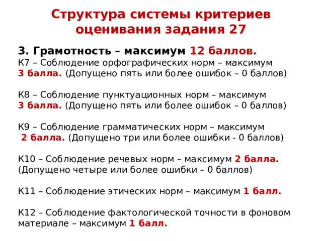 Структура системы критериев оценивания задания 27 3. Грамотность – максимум 12 баллов. К7 – Соблюдение орфографических норм – максимум 3 балла. (Допущено пять или более ошибок – 0 баллов) К8 – Соблюдение пунктуационных норм – максимум 3 балла. (Допущено пять или более ошибок – 0 баллов) К9 – Соблюдение грамматических норм – максимум  2 балла. (Допущено три или более ошибки - 0 баллов) К10 – Соблюдение речевых норм – максимум 2 балла. (Допущено четыре или более ошибки – 0 баллов) К11 – Соблюдение этических норм – максимум 1 балл. К12 – Соблюдение фактологической точности в фоновом материале – максимум 1 балл. 