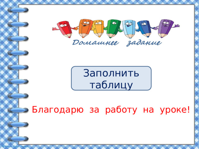 Заполнить таблицу Благодарю за работу на уроке! 