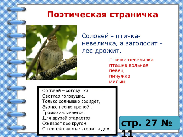 Поэтическая страничка Соловей – птичка-невеличка, а заголосит – лес дрожит. Птичка-невеличка пташка вольная певец пичужка милый стр. 27 № 11 