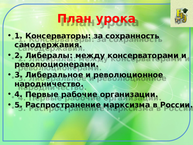 План урока 1. Консерваторы: за сохранность самодержавия. 2. Либералы: между консерваторами и революционерами. 3. Либеральное и революционное народничество. 4. Первые рабочие организации. 5. Распространение марксизма в России. 