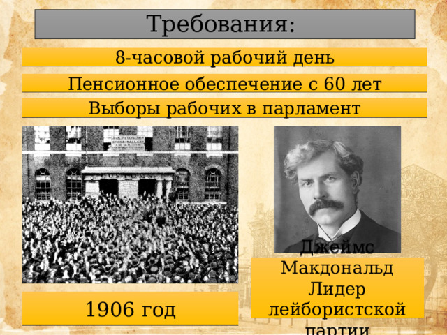 Требования: 8-часовой рабочий день Пенсионное обеспечение с 60 лет Выборы рабочих в парламент Джеймс Макдональд Лидер лейбористской партии 1906 год 