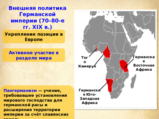 Внешняя политика Германской империи (70–80-е гг. XIX в.) Укрепление позиции в Европе Активное участие в разделе мира Германская Восточная Африка Того Камерун Пангерманизм — учение, требовавшее установления мирового господства для германской расы и расширения территории империи за счёт славянских земель. Германская Юго-Западная Африка 